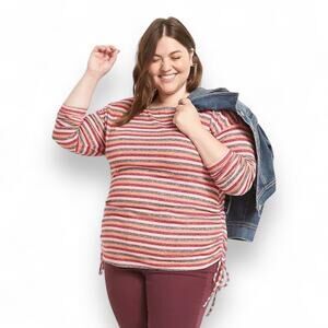 Lane Bryant Women's Boatneck Tee With Side Drawstring 26/28 Gray Pink Stripe